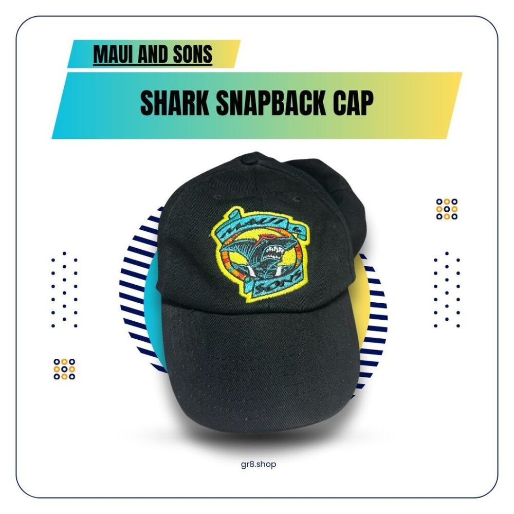 Maui & Sons Shark Embroidered Black Snapback Cap One Size 100% Cotton Adjustable